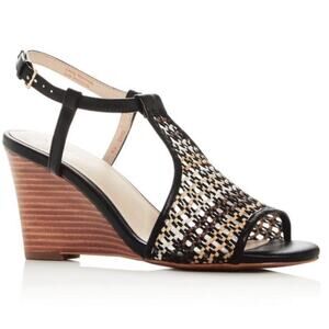 Cole Haan Maddie Open Toe Wedge Sandal US 9 Black Brown Woven Boho Chic Neutral